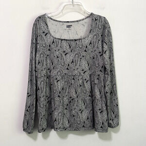 Lands End Square Neck Tee Top M 10/12 Black White Long Sleeve Pullover Stretch